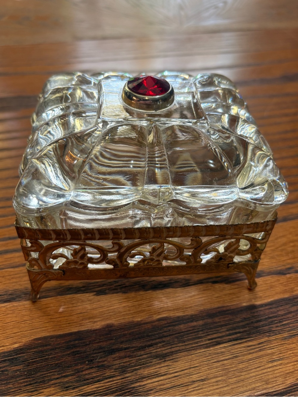 Vintage Ornate Glass Beveled Footed Jewelry Trinket Box With Ruby